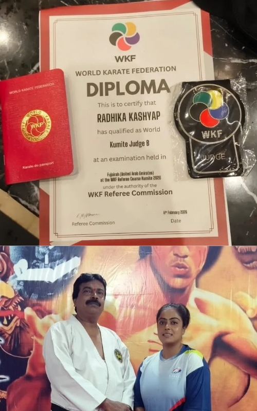 Sensei Radhika Omkar Kashyap ki vaishvik Jeet Dubai mein WKF Kumite Judge B Pariksha uttirn kar Racha itihaas